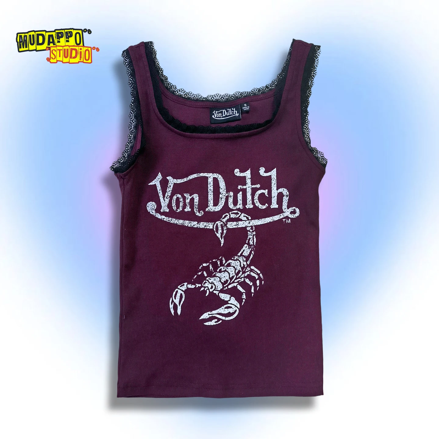 

Sexy Slim Fit American Retro Hot Girl Print Lace Trim Workwear Vest Dark Style Scorpion Design U Neck Cotton Blend Women's Top