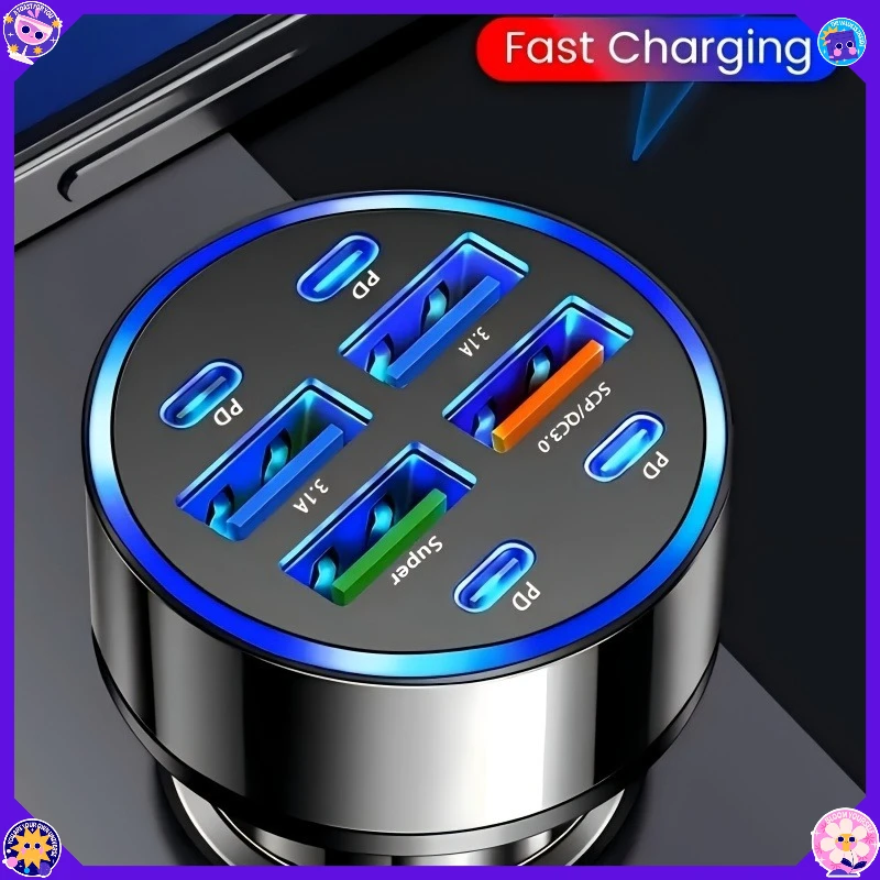 

8-In-1 car mobile phone charger with QC3.0 fast charging PD+USB dual output LED indicator compact and portable suitable for Cars