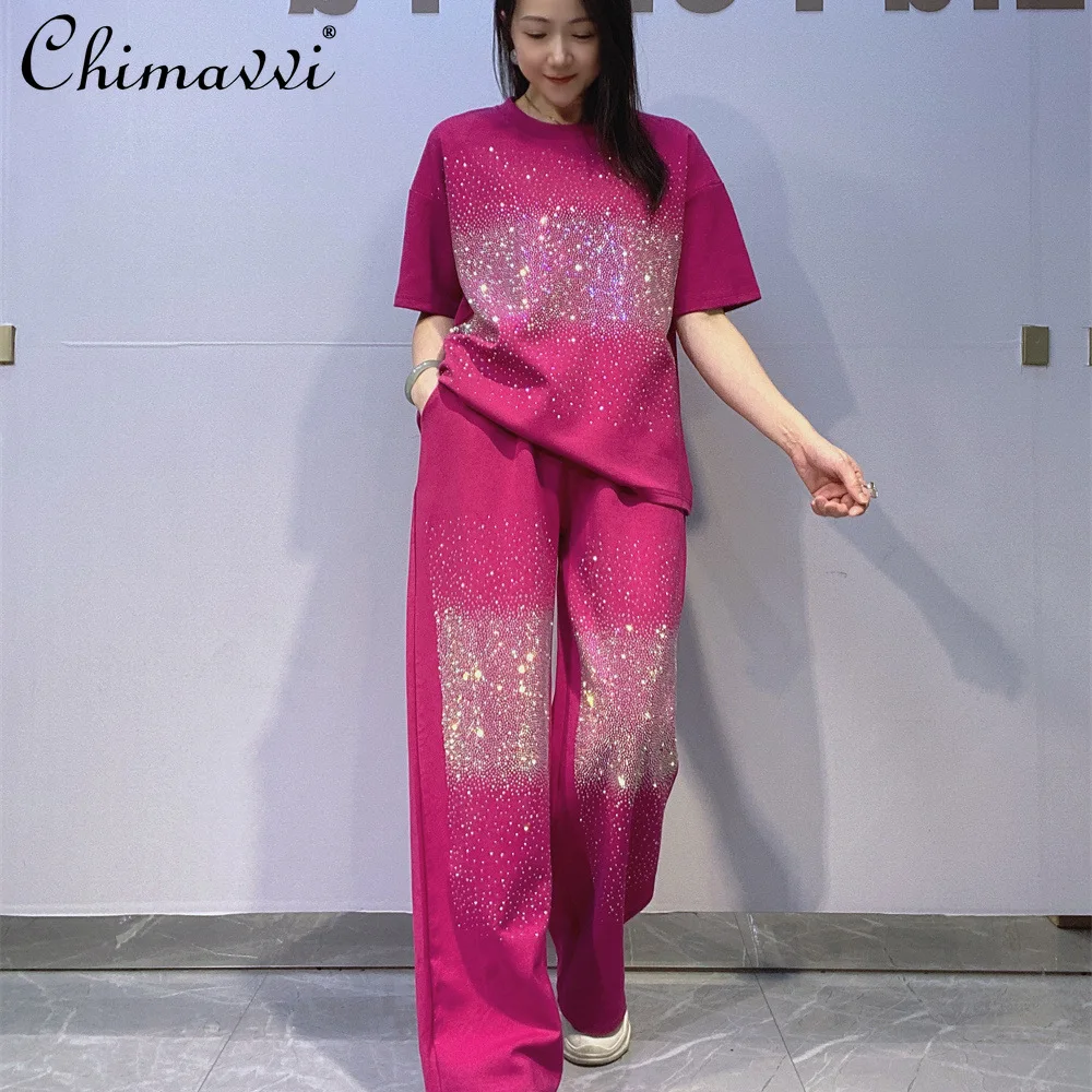 

Модный комплект из двух предметов со стразами, женский весенне-летний новый пуловер с круглым вырезом, футболка с короткими рукавами, комплект прямых длинных брюк