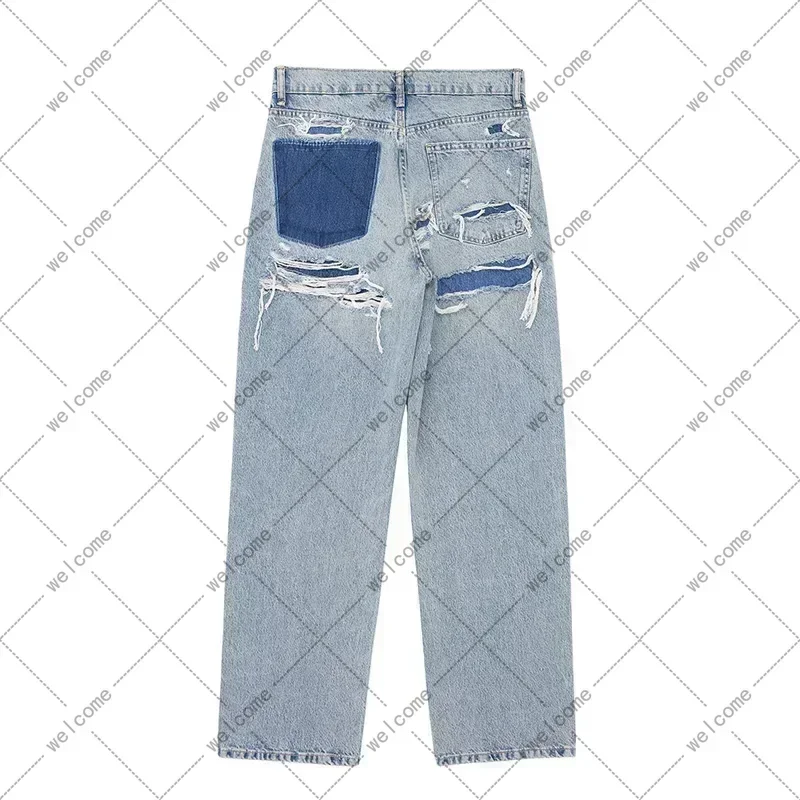 

Women's Fashion Jeans Solid Colour Loose Trousers Gradient Colour Casual Streetwear Pant Broken Holes Decorated Jeans