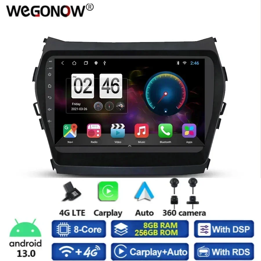 360 Panoramic Camera 8G+256G Android 13.0 Car DVD Player GPS WIFI Bluetooth RDS Radio For Hyundai IX45 Santafe 2013 - 2015 2017