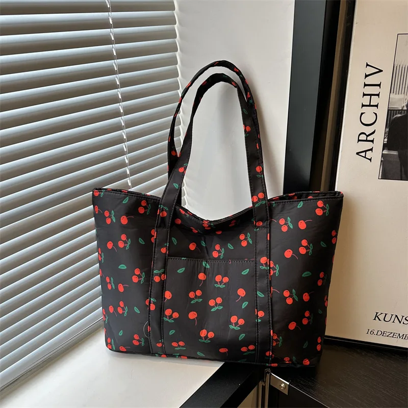 

Cute Cherry Print Casual Large Capacity Satchel Purse Nylon Top Handle Bag Women Fashion Shopping Bag