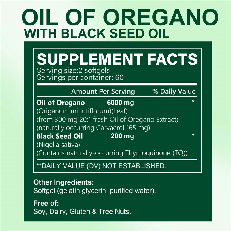 Oregano Oil Softgels - Contains Black Seed Oil, Promotes Digestion and Intestinal Health, Antioxidant, Enhances Immunity