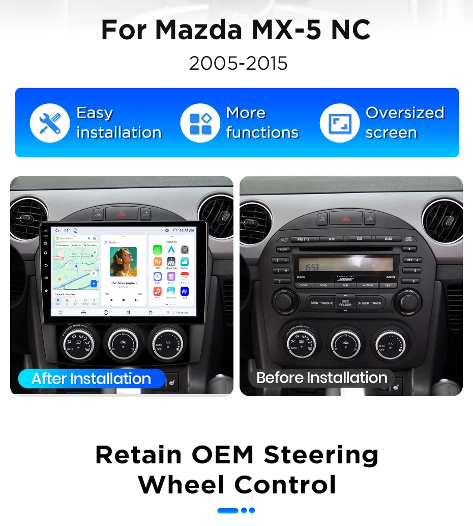 Junsun Android 15 Auto-Intelligenzsysteme für Mazda MX-5 CX5 III 3 NC 2005-2015 AI Wireless CarPlay für Apple Auto 9" IPS – Detail 3