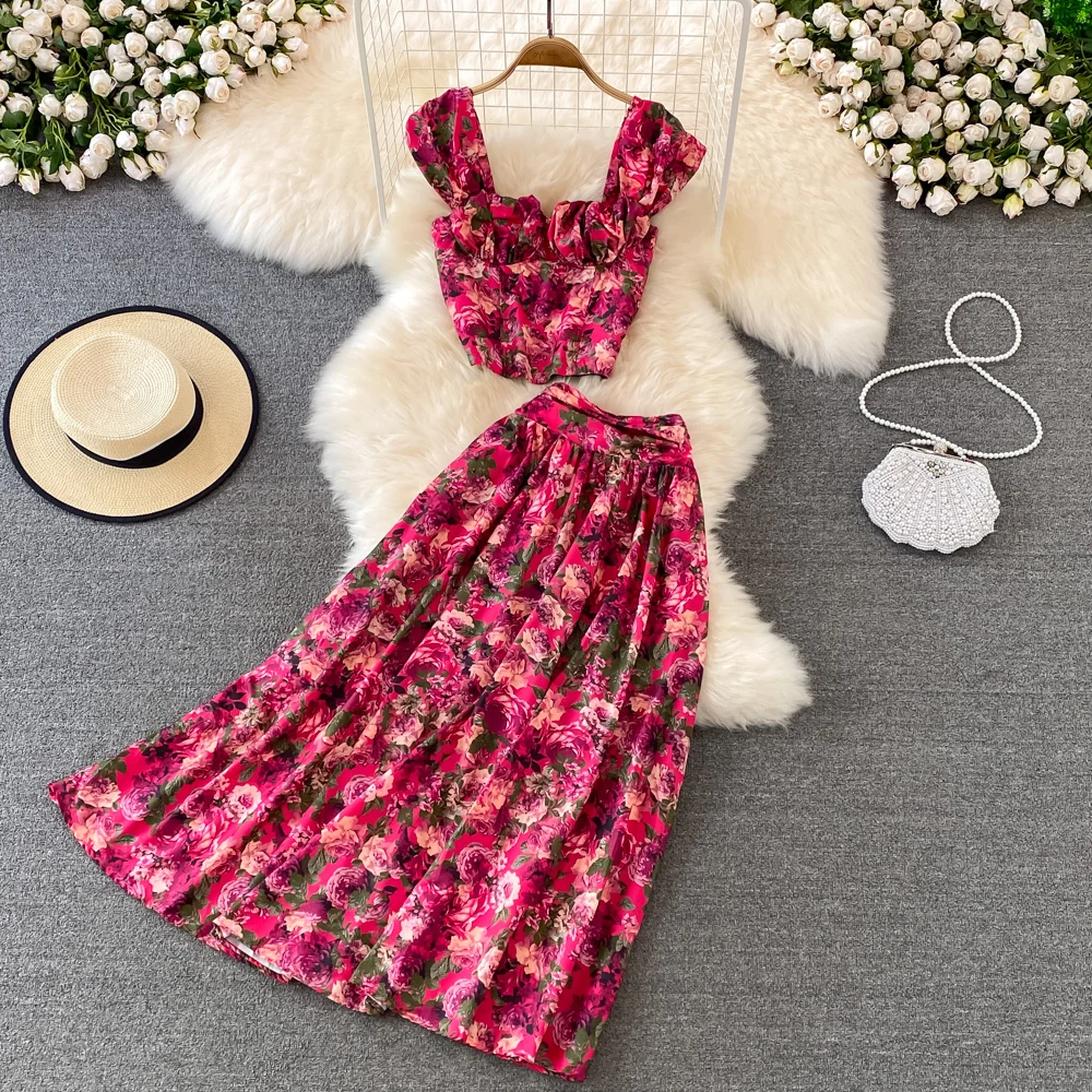 

Vacation Fashion Set Women's Vest +High Waist slim mid length A-line floral skirt two-piece sets