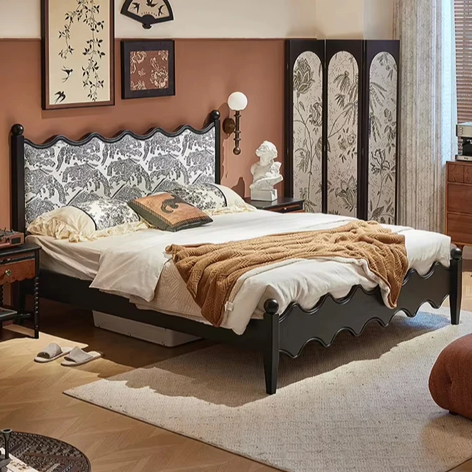 #French Retro  Ash Wood Fabric Soft Package Double Master Bedroom king Size Bed High-end Atmosphere Antique Style Ripple Bed