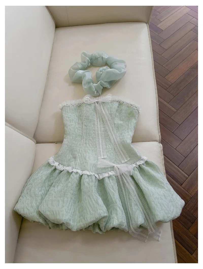 French Style Vestidos Mint Green Sweet Jacquard Bow Suspender Tube Top Neck Dress Off Shoulder Slim Fit Sexy Temperament Dresses