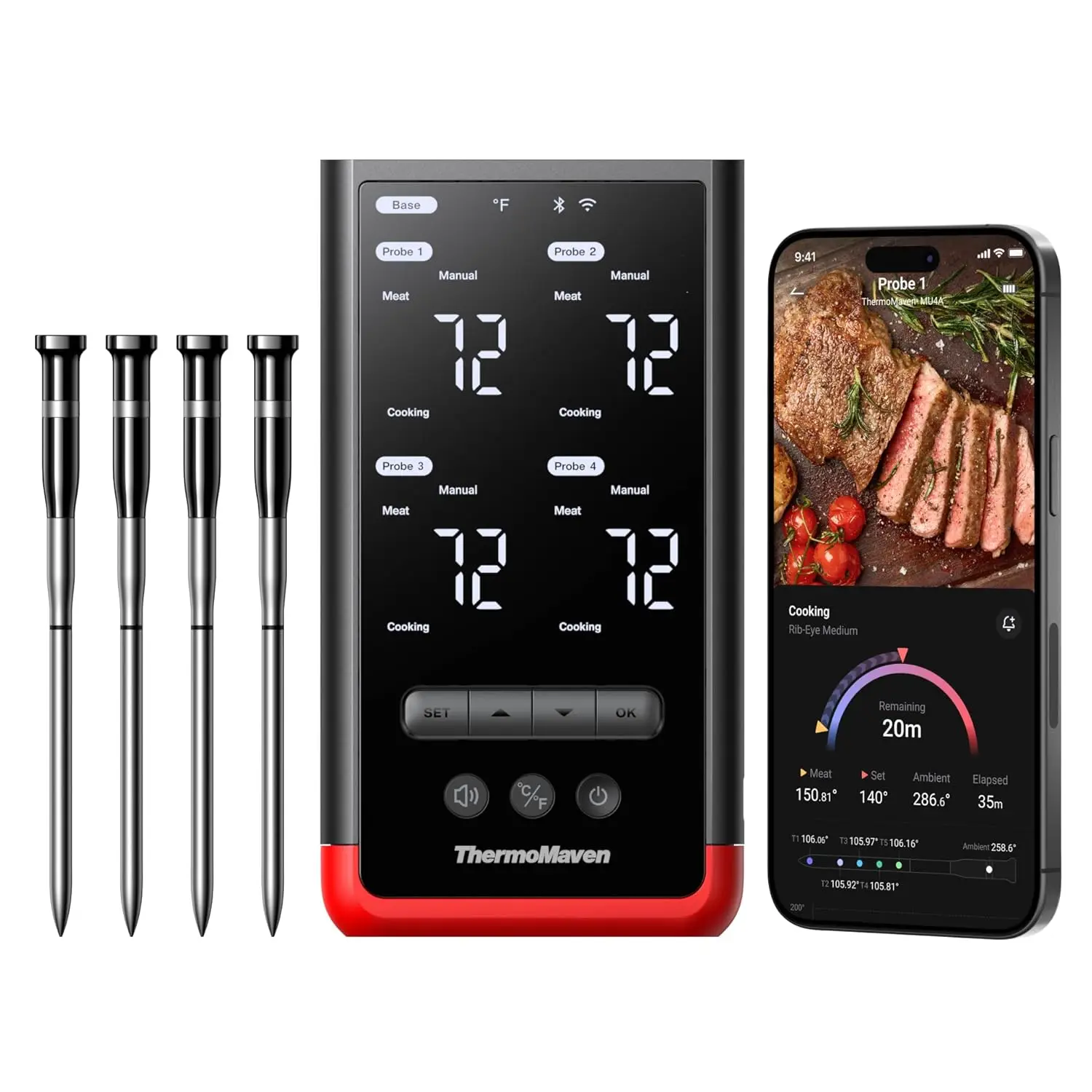 Draadloze Bluetooth slimme vleesthermometer met 4 sondes: standalone basis, WiFi onbeperkt bereik, 6 sensoren met NIST-gecertificeerd