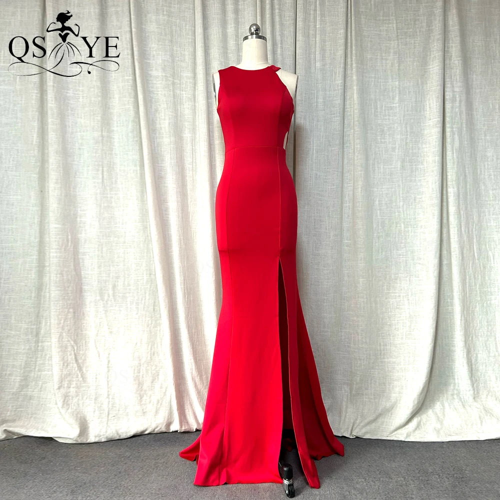 Simple Red Evening Dresses Halter Neck Stretch Long Party Gown Hollow out Waist Split Bright Red Women Prom Dress Sleeveless