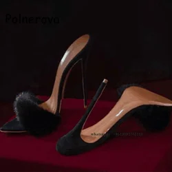 Black Pointed Toe Slippers with Fur Women Summer Sexy  One Belt Word Solid Fluff Shoes Lady Party Casual  High Heels Sweet Shoes