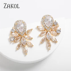 ZAKOL Fashion Water Drop Marquise Zirconia Earrings for Women Shinny Crystal Leaf Earring Bridal Gold Color Wedding Jewelry