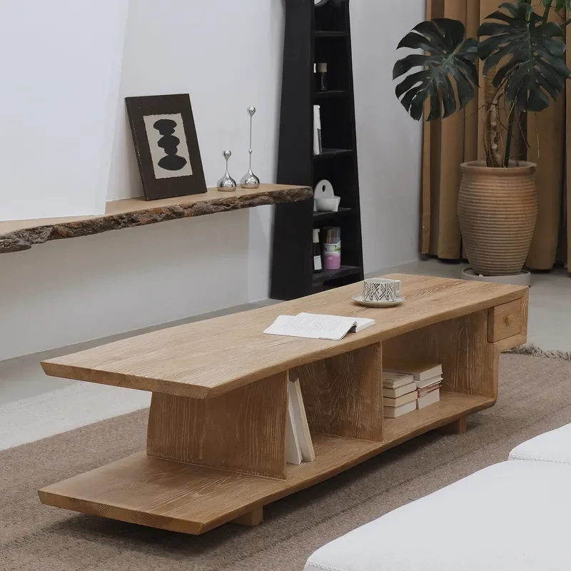 For Sansan Dark Solid Wood Coffee Table Medieval Log Long TV Cabinet Floor Side Cabinet Living Room Furniture