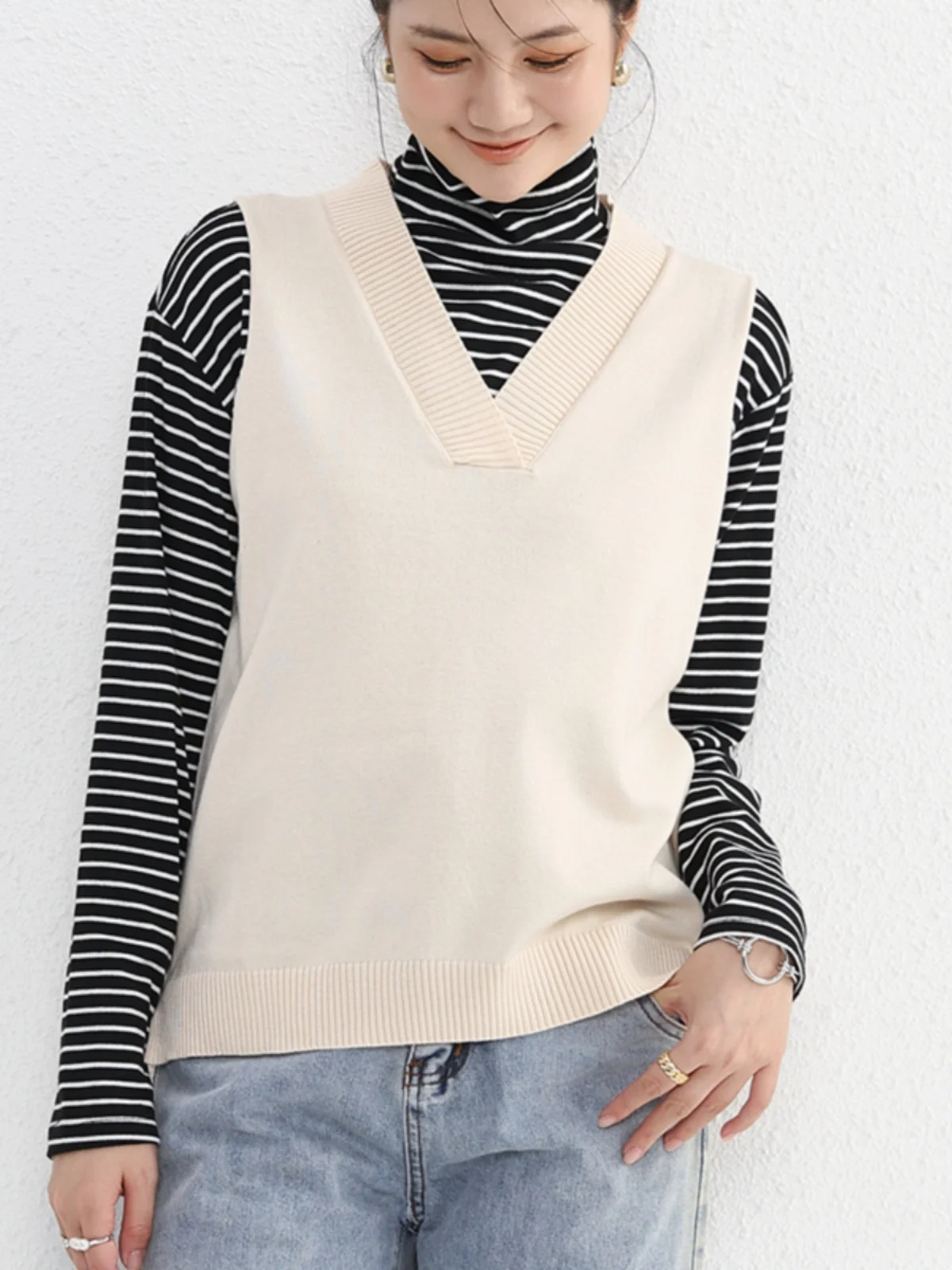 

Осень-зима, женский свободный вязаный жилет с v-образным вырезом, однотонный теплый базовый слой, свитер из полиэстера