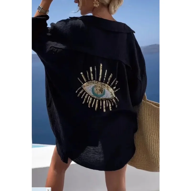 Evil Eyes Casual Sequin Beaded Shirt Casual Geometric Eye Top Long Sleeve Loose Shirts Women Trendy Turn-down Collar Long Blouse