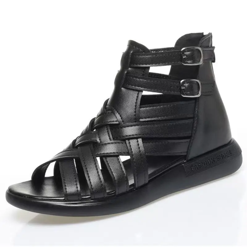 

Women Genuine Leather Big Size Thin Strap Woven Peep Toe Boots Summer New Flat sole Non Slip Hollow Out Ankle Cool Boots