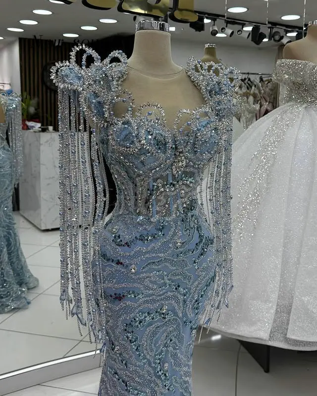 

Мерцающие светло-голубые свадебные вечерние платья с блестками и длинной кисточкой из бисера, модные вечерние платья для больших мероприятий по индивидуальному заказу