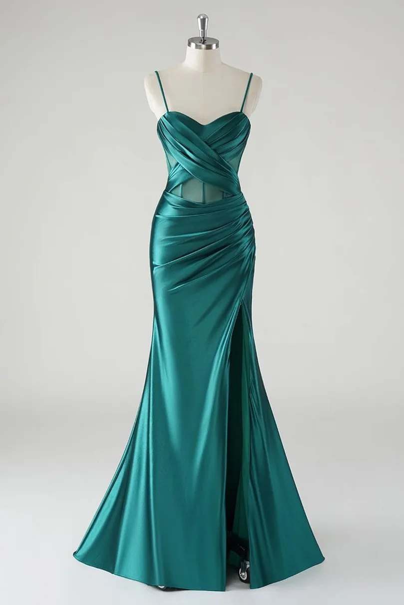 

Customized Long Green Satin Spaghetti Prom Dresses with Slit Mermaid Sweetheart Pleated Watteau Train Evening Dress for Women