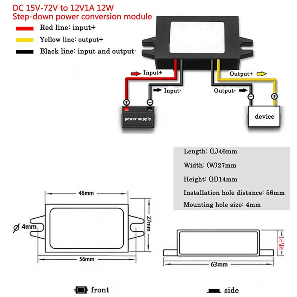 DC 15V-72V to 12V 1-1.5A 12W DC Step Down Voltage Power Supply Output Adapter Car Power Buck Converter Regulator Transformer