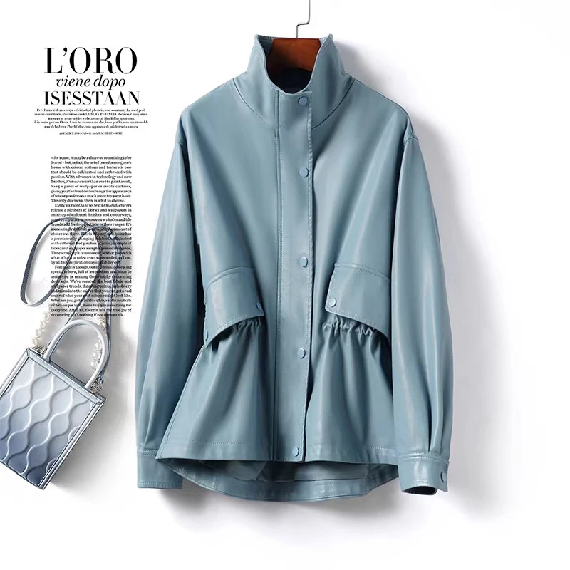 New Women Split Leather Short Coat Spring Autumn Fashion Turtleneck Long Sleeve Drawstring Slim Waist Leather Jacket Casual Coat view 3
