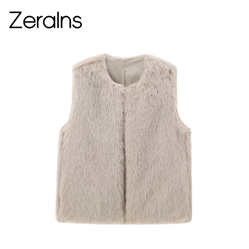 ZERAINS ملابس نسائية جديدة للخريف والشتاء بتأثير فرو صناعي فرنسي بدون أكمام ورقبة دائرية سترة قصيرة