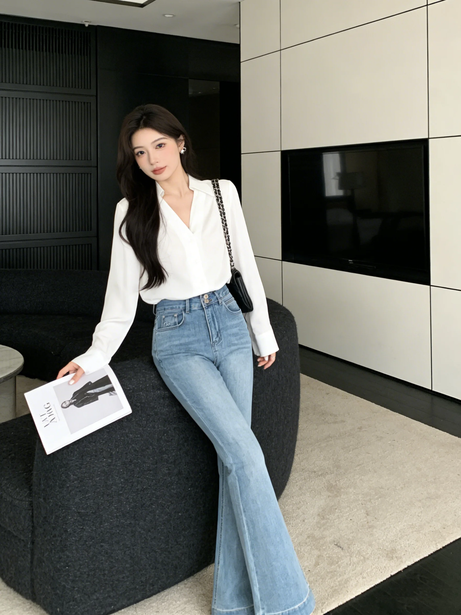 

Spring High Waist Slim Fit Denim Pants Korean Sle Pure Color Micro Flared Jeans Sexy Girl Pring Print Casual Trousers