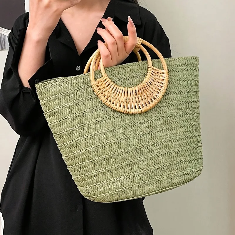 

Women's Beach Tote Bag,Casual Summer Vacation,Large Capacity Woven with Round Wooden Handle Suitable for Leisure Daily Commutes