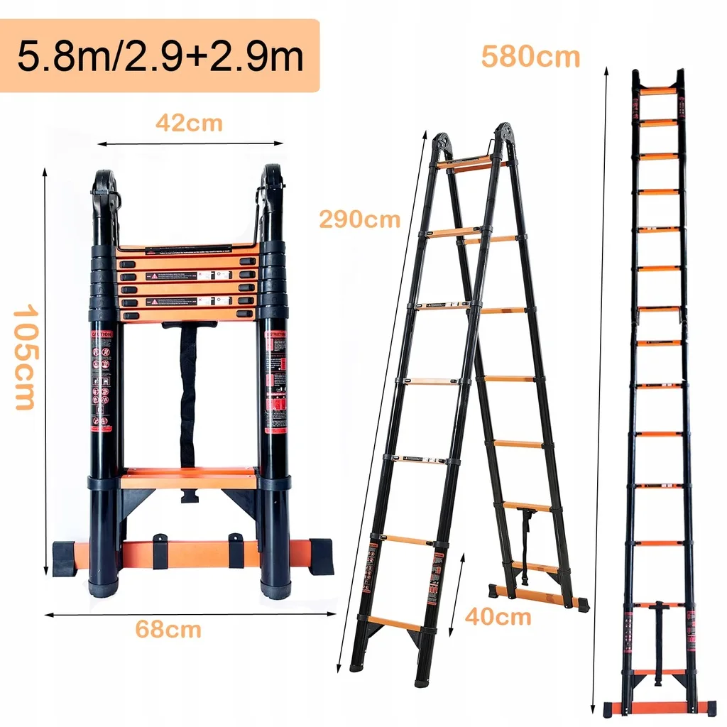 Telescopic Ladder 5.8m/6.6m Carbon Steel 19/22ft A-Frame Folding Portable Multi-Purpose Ladder with EN131 Certified Load 150kg