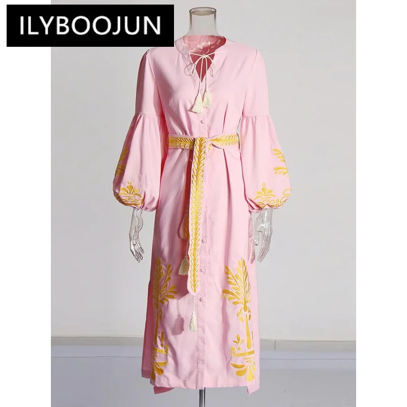 ILYBOOJUN Colorblock Printing Spliced Drawstring Dresses For Women V Neck Long Sleeve High Waist Split Elegant Dress Female