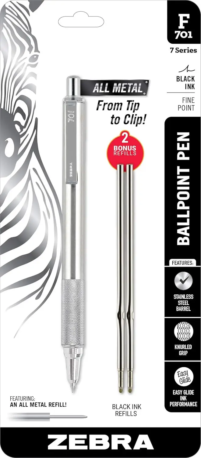 

Retractable Ballpoint Pen, 0.8mm Fine Point, Stainless Steel Barrel, Black Metal Pen with 2 Ink Refills