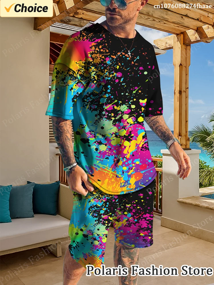 Summer Colorful Eye Graffiti Tracksuit 3D Printed Men Beach Short Sleeve T Shirt Set 2 Piece Outfits Sportwear Clothes For Men