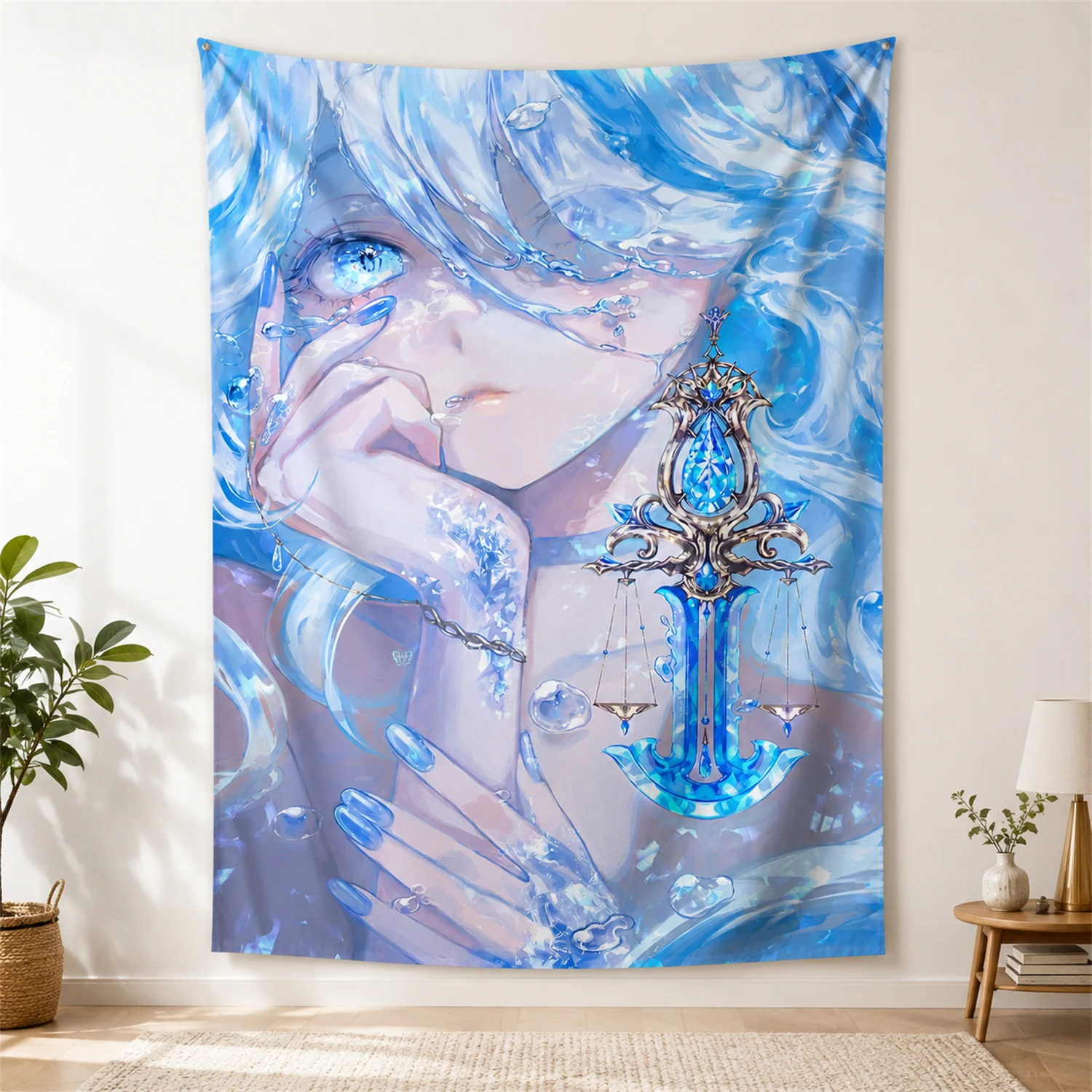 Blue Fantasy Girl Wall Tapestry Large Watercolor Anime Style Hanging Cloth for Bedroom Living Room Dorm Home Decor Gift