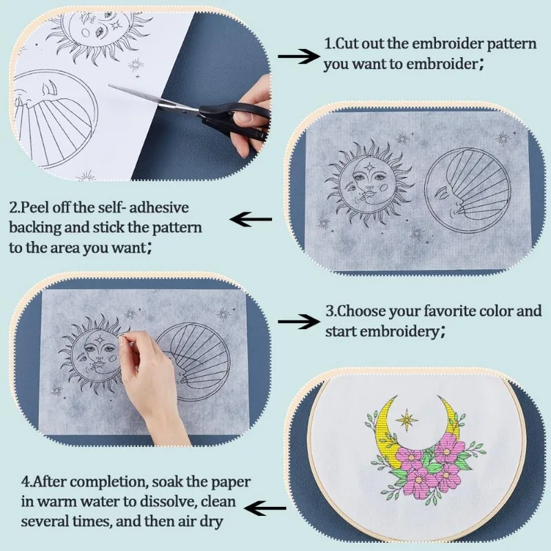 3 Sheets Sun and Moon Water Soluble Embroidery Patterns Stabilizers Hand Sewing Stick and Stitch A4 Transfers Fabric Wash Away