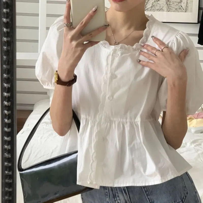 Lace Shirts and Blouses Korea Summer Fashion Woman Blouse 2024 Solid Top Female Short Sleeve Ruffles Shirts Sweet Clothes New