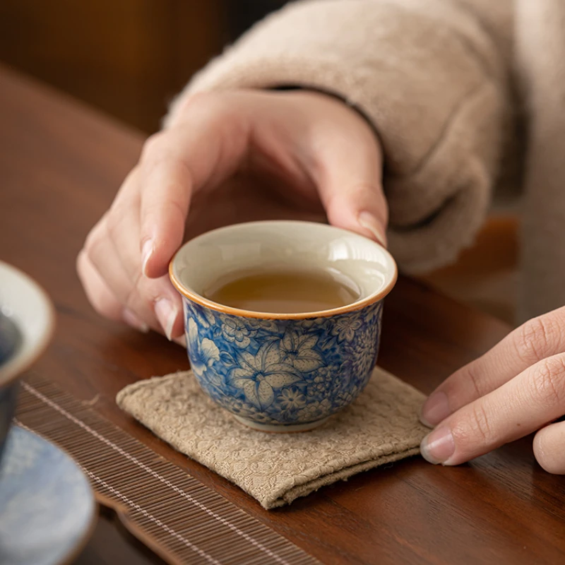 Ru Kiln Flourishing Tea Cup Household Lapis Lazuli Ceramic Master Cup High-grade Tea Cup Set Tea Marigold