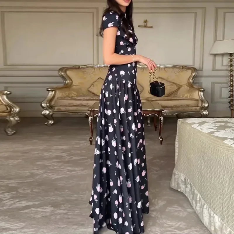 Summer New High Waist Commute Maxi Dresses Temperament Stand Collar Floral Printed Dress Elegant Lady Short Sleeve Pleated Dress view 4
