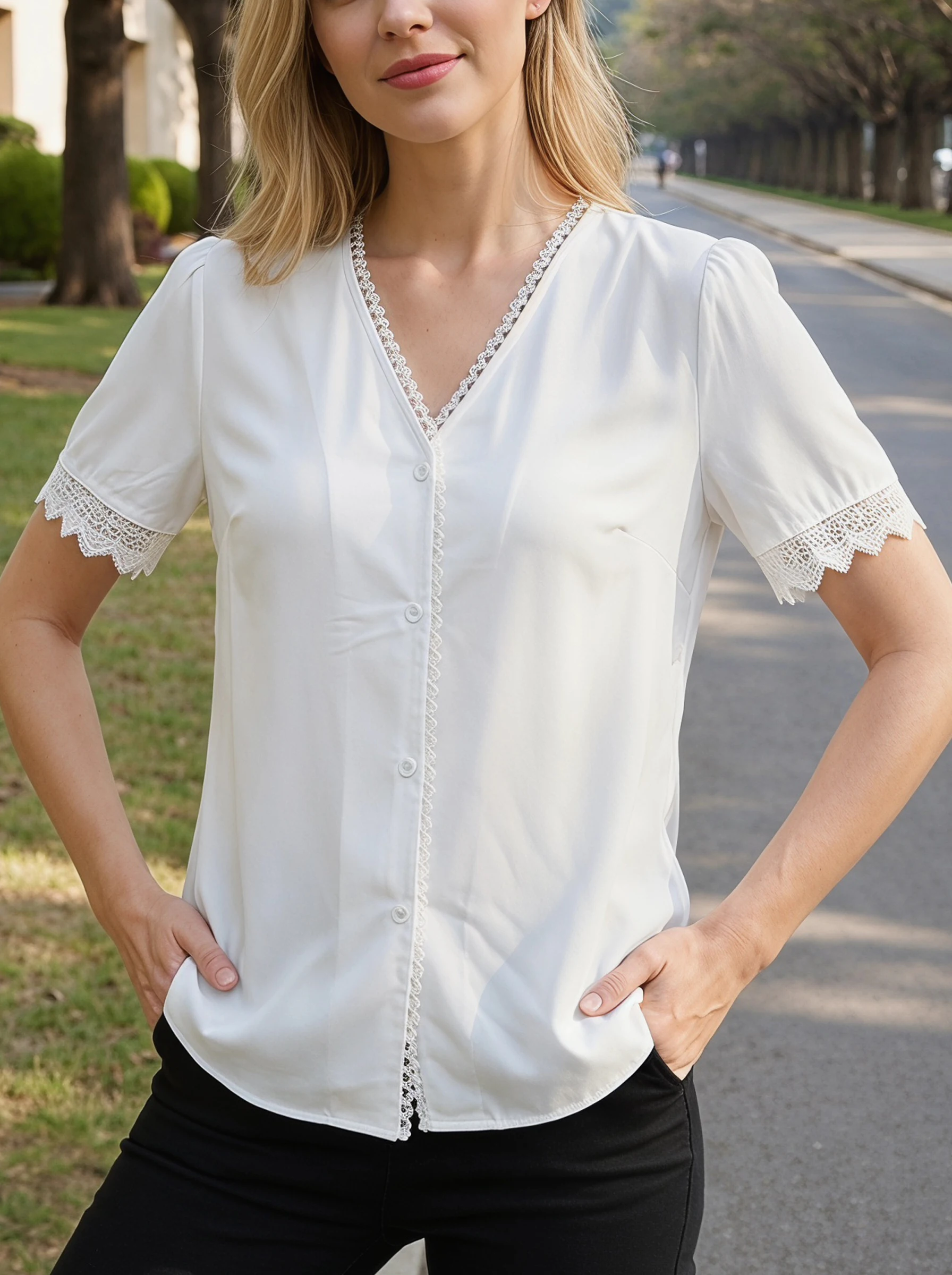 

Rosa fera Women's V Neck Lace Trim Blouse Short Sleeve Button Front Casual Shirt Top