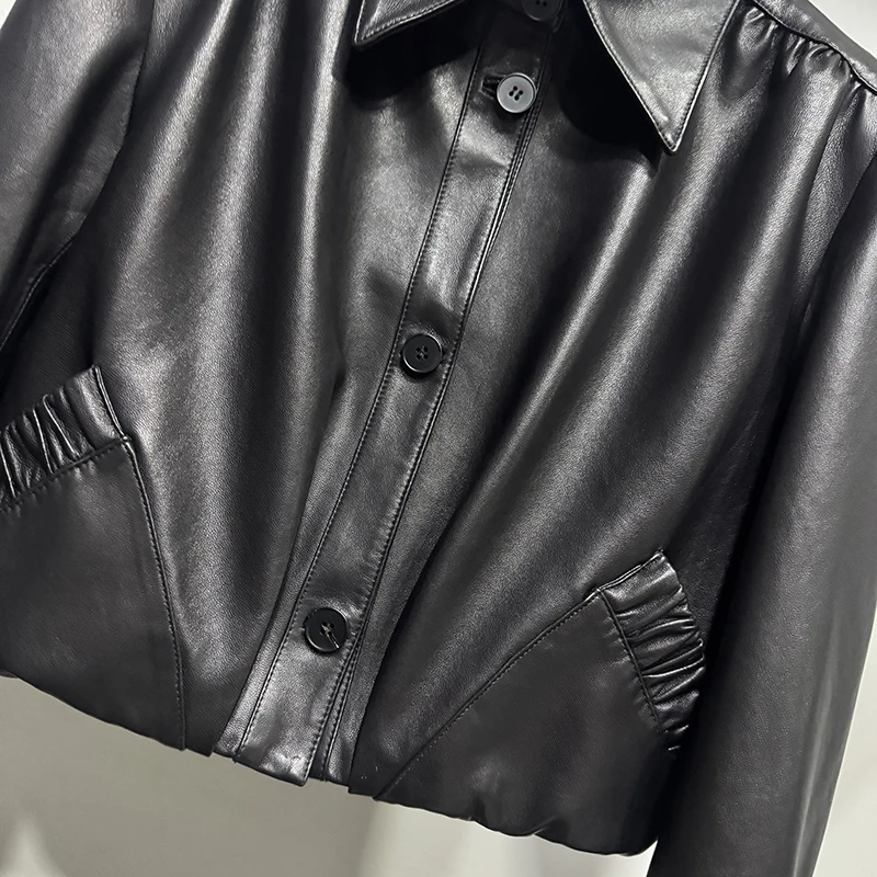 Cappotto di pelle di pecora naturale Primavera Autunno Donna Risvolto Manica a sbuffo Giacca in pelle conciata al vegetale Moda Capispalla corto versatile