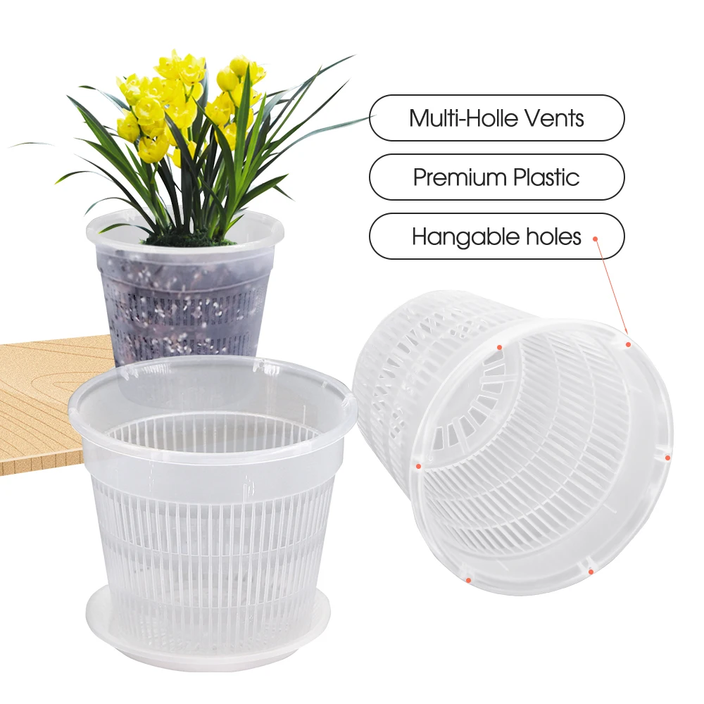 5-20PCS Transparent Orchid Pot with Tray Plastic Flower Plant Pot Indoor Outdoor Breathable Slotted Butterfly Container Planters