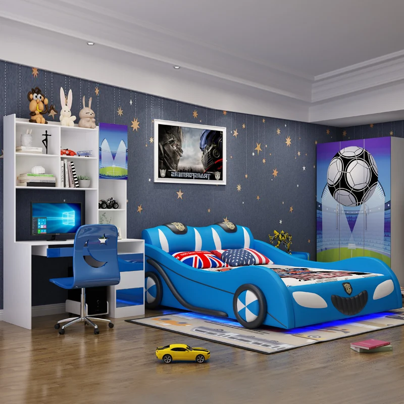 Car crib for boys with guardrail cartoon storage for boys with solid wood storage