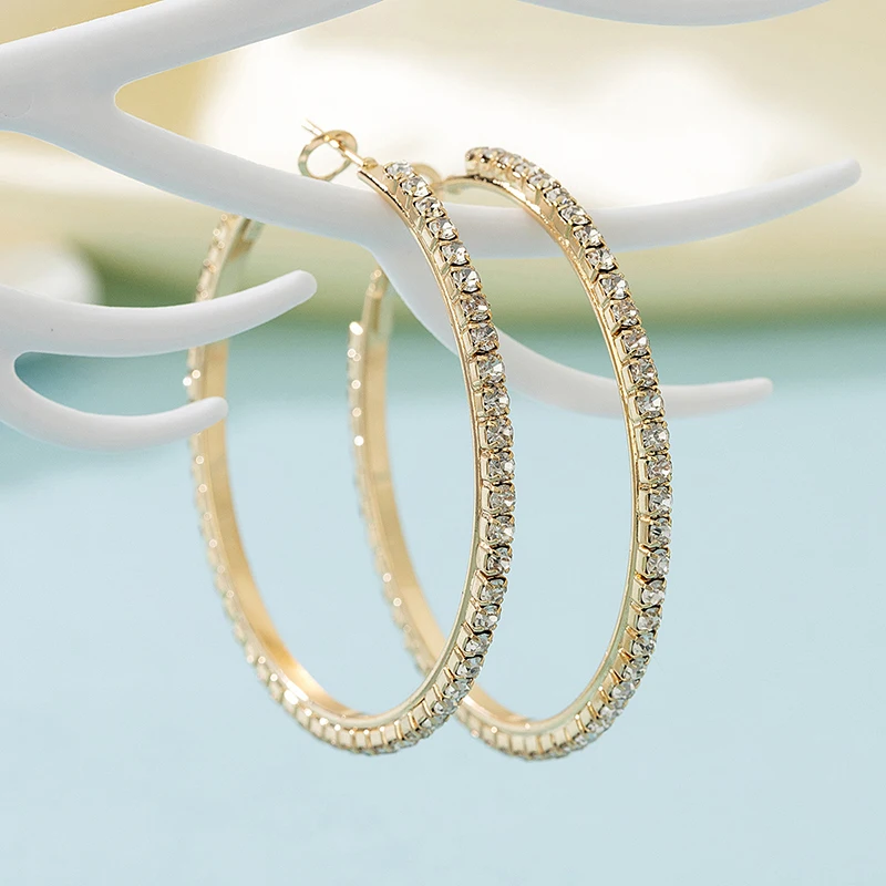 Mode 30-80mm Hoop Ohrringe Für Frauen Mädchen Kristall Strass Ohrringe Gold Silber Farbe Runde Ohrringe Partei schmuck Geschenk – Detail 11