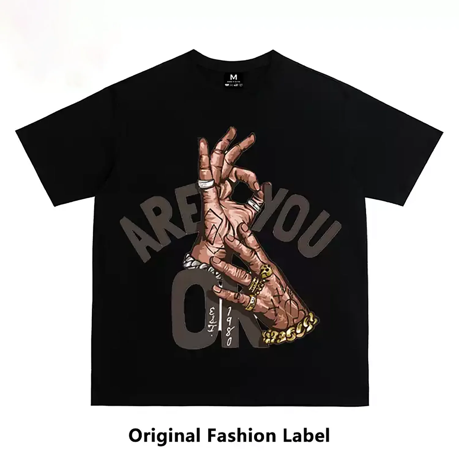 Unisex American-Style Graffiti & Finger-Print Graphic Short-Sleeve T-Shirt Loose-Fit Casual Top Trendy for Couples