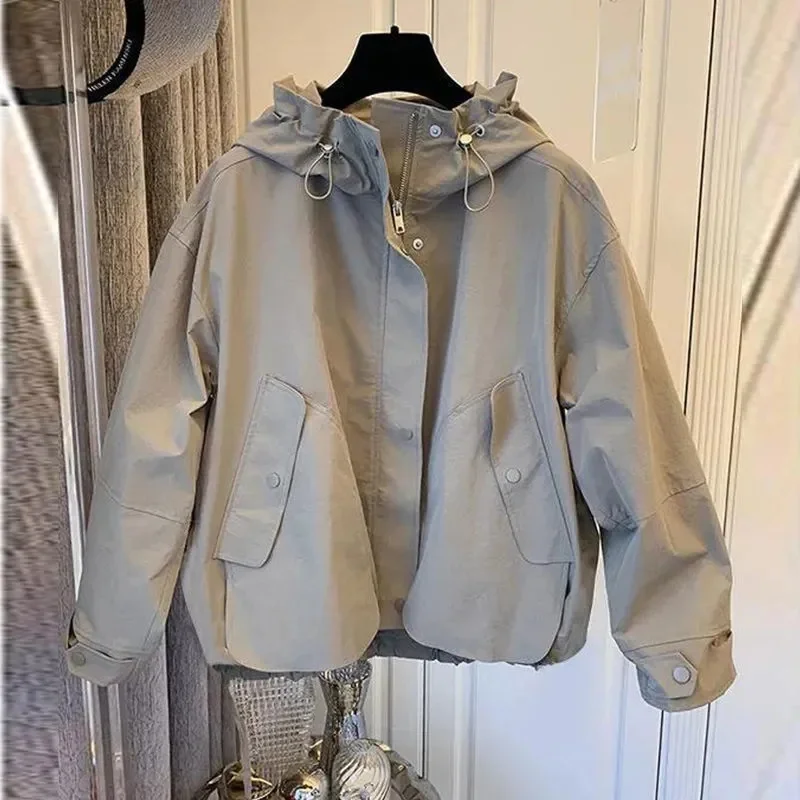 2025 Vrouwelijke Patchwork Grote Zakjas Herfst Vrouwen Windjack Met Capuchon Tops Koreaanse Dames Vrije Tijd Rits Grote Maat 4XL Jas