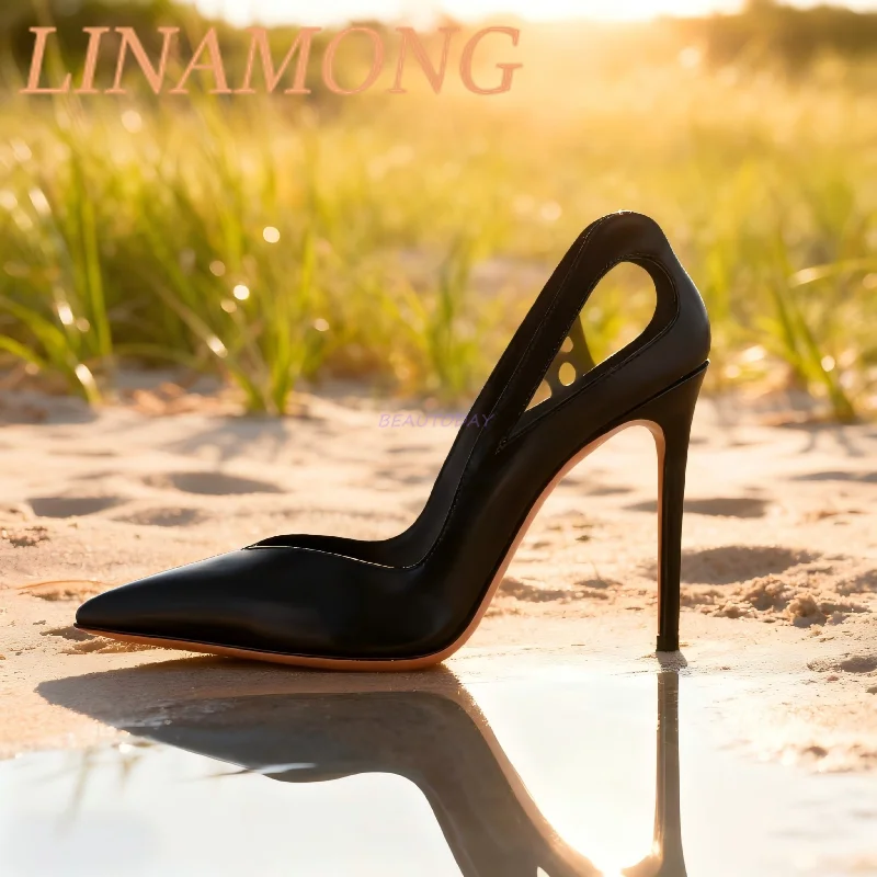 

Pointed Hollowed Out Single Shoes Fashionable Simple Black Temperament One Foot Kick Bag Heel Party High-Heeled Shoes Banquets