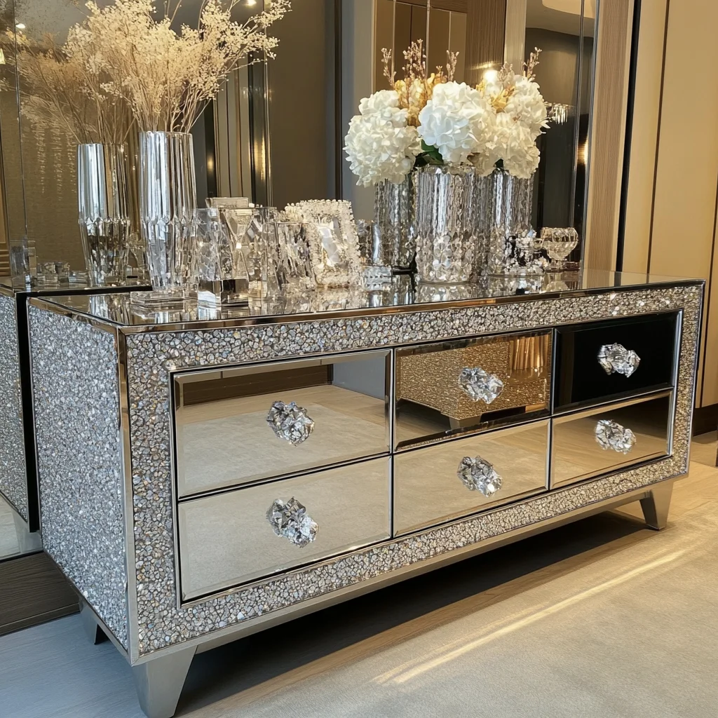 Floating crystal mirrored diamond crush tv cabinet entertainment unit