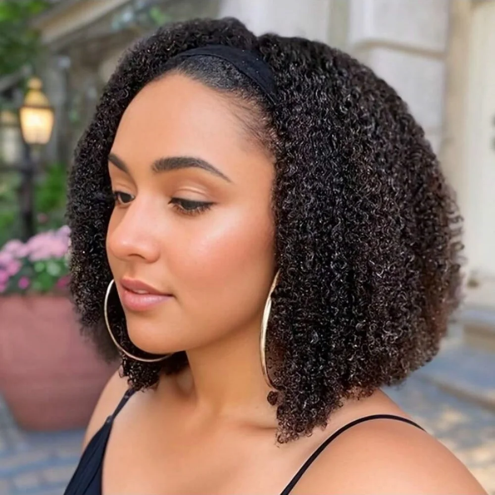 

Афро-кудрявый вьющийся парик из натуральных волос с повязкой на голову для женщин, 250% плотность, бразильский Реми, полностью машинное производство, парик из 100% человеческих волос, 10-14 дюймов