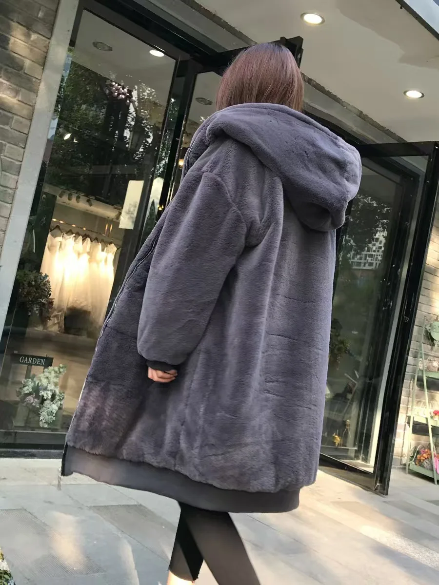 女性用ジッパー付きの長いフード付きウサギの毛皮のコート,厚くて暖かいふわふわの服,冬のセーター,大きいサイズ,新しい