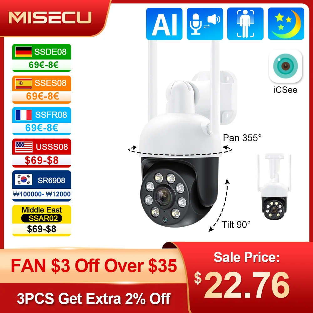 MISECU Wifi IP Camera 4MP Security Surveillance Camera Full Color Night Vision Human Detection IP66 Waterproof Support Onvif