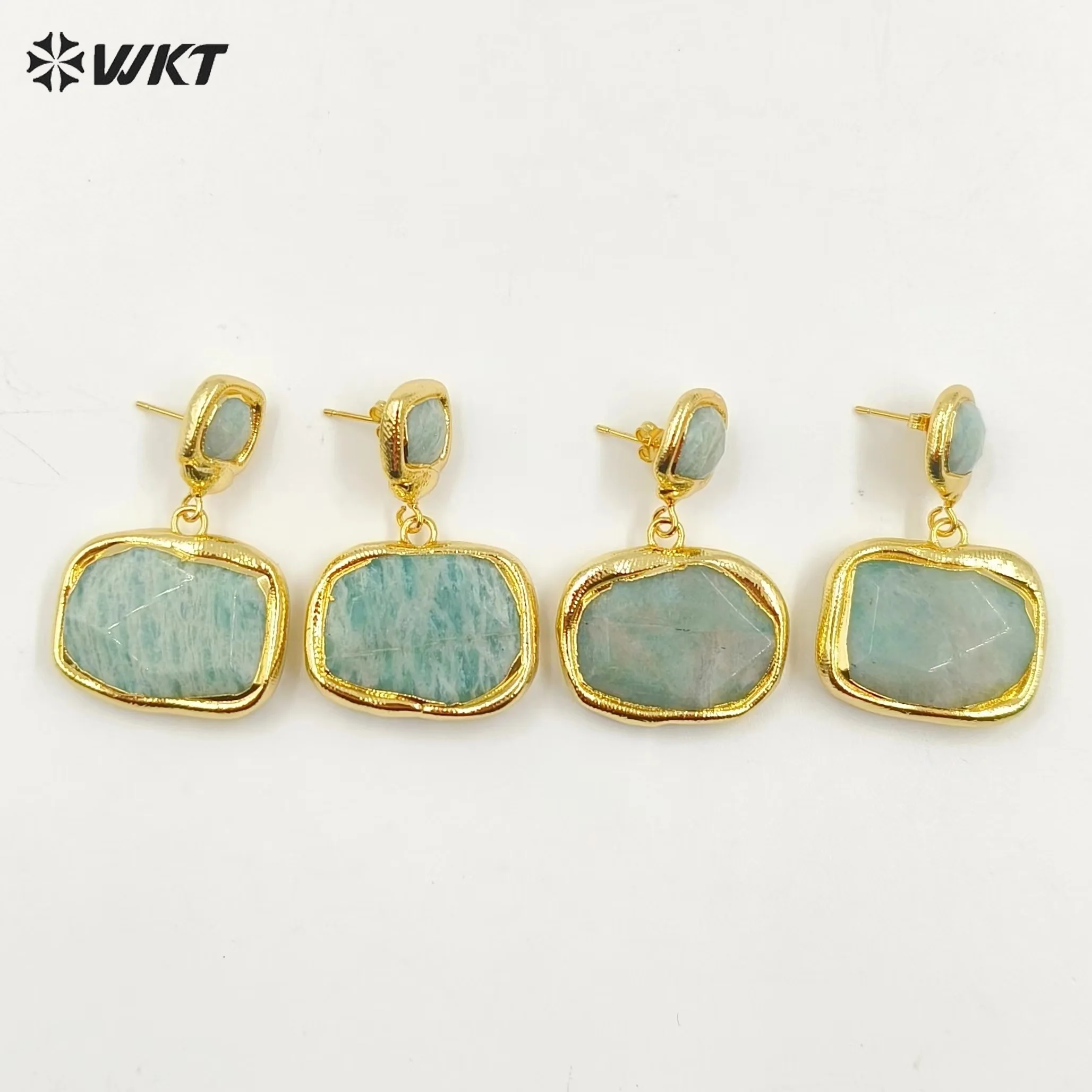 WT-E753 Amazing New Natural Square Fashion Handmade Gold Plated Amazonite Stone Earrings 10Pairs