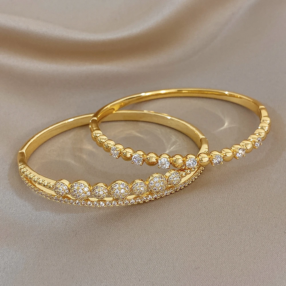 DODOHAO Classic Sparkling Zirconia Inlaid Round Beaded Bracelet for Women Stackable Gold Plated Cuff Bangle Banquet Jewelry Gift