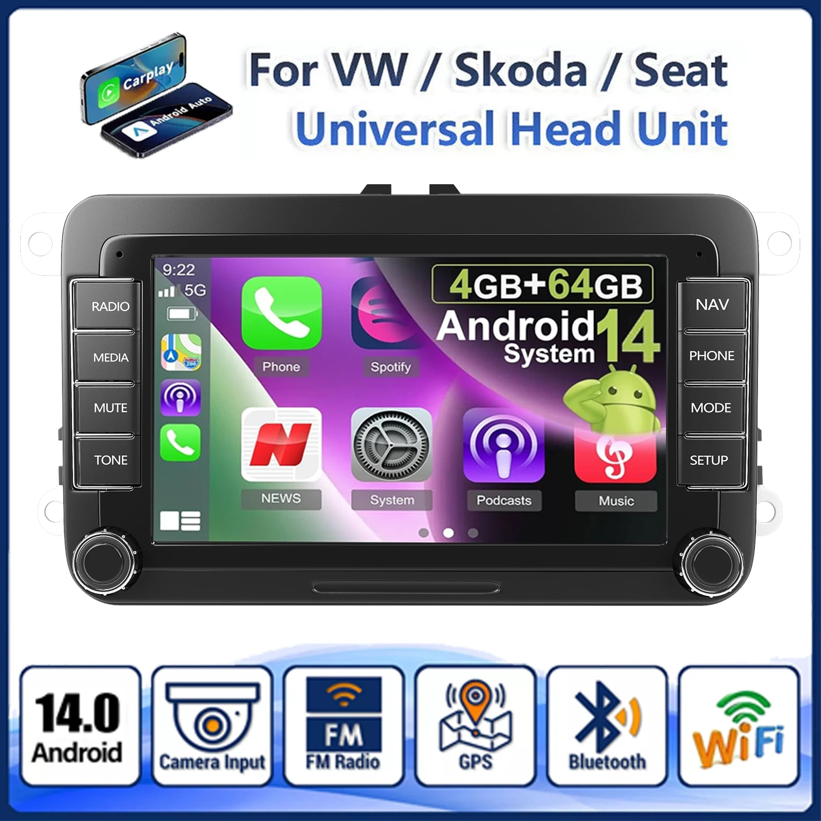 7 "سيارة ستيريو 4 + 64G لشركة فولكس فاجن فولكس فاجن جيتا باسات جولف MK5 MK6 أندرويد 14 Carplay راديو FM واي فاي نظام تحديد المواقع والملاحة BT راديو + DVR & AHD